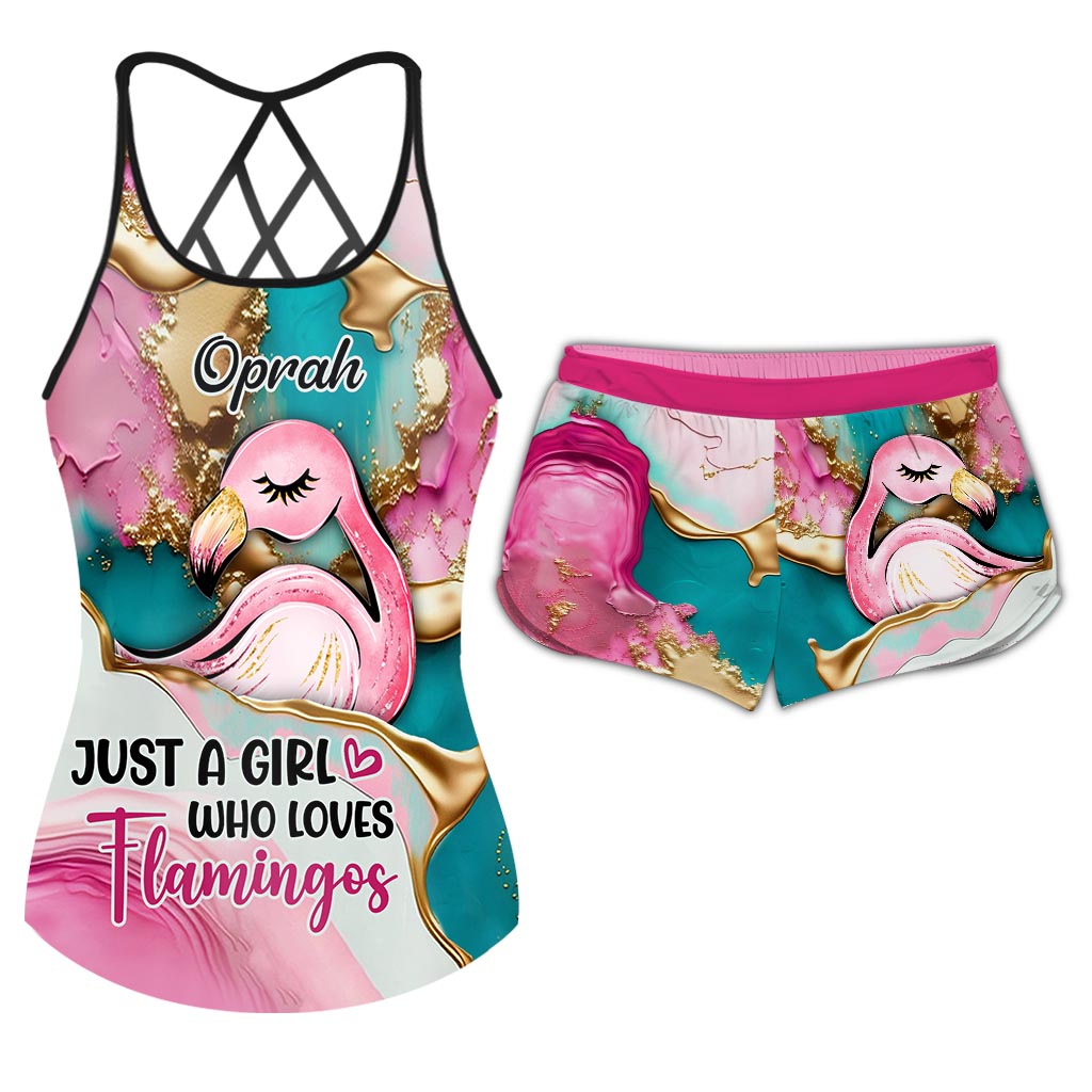 Tropical Vibes Pink Flamingo - Personalized Flamingo Cross Tank Top and Women Shorts