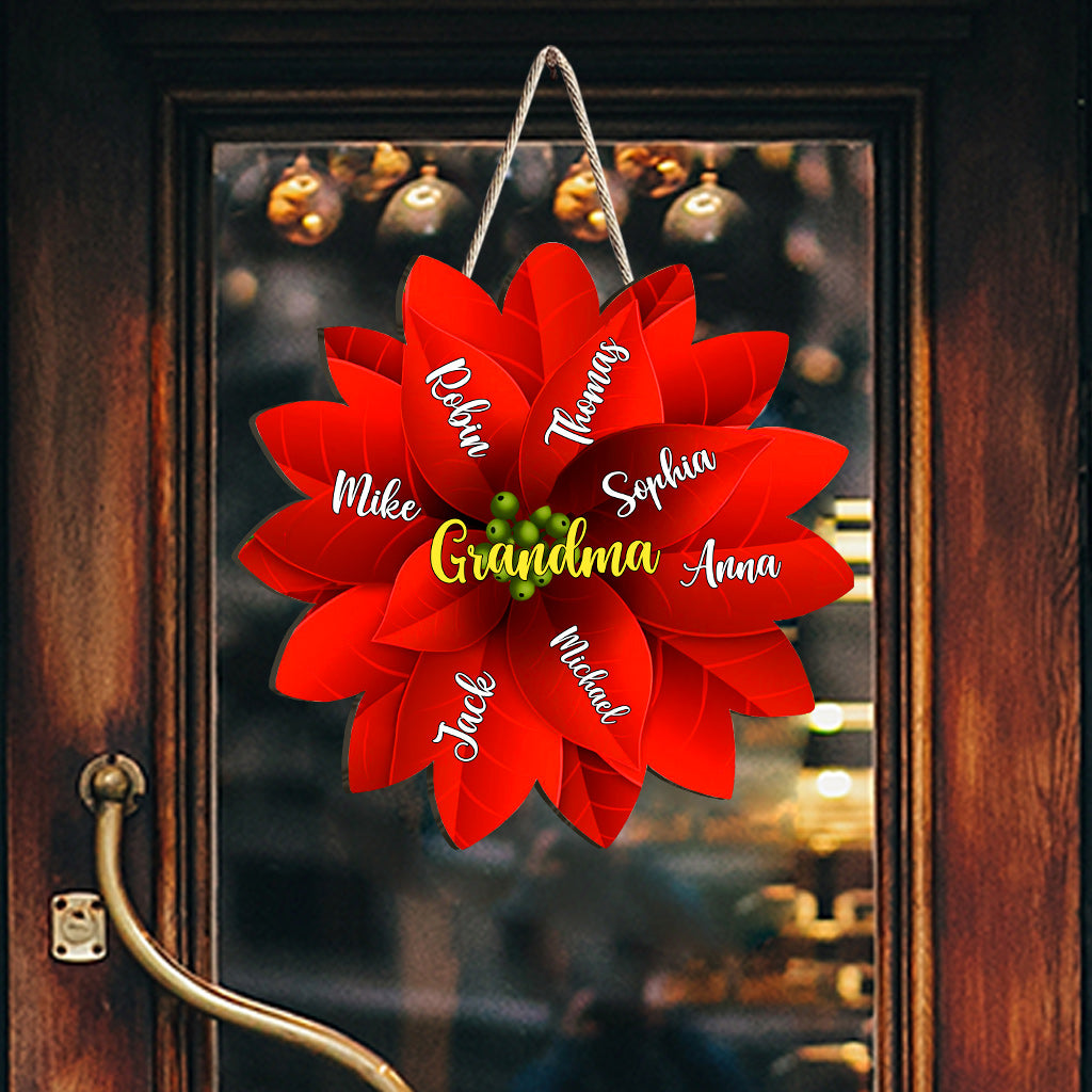 Grandma / Mama / Family Christmas Poinsettia - Gift for grandma - Personalized Custom Shaped Wood Sign