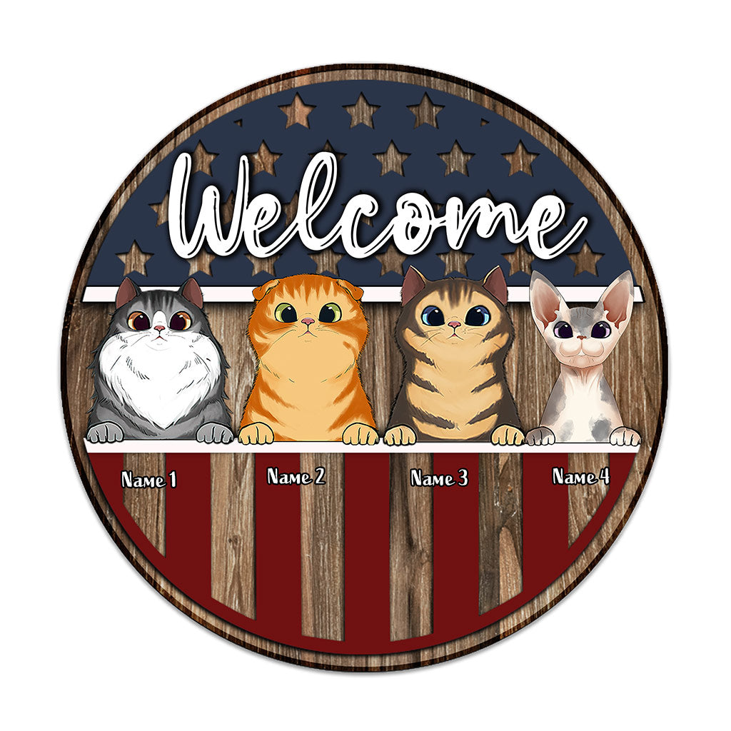 Bienvenue - Panneau rond en bois personnalisé avec un chat pour la fête de l'Indépendance