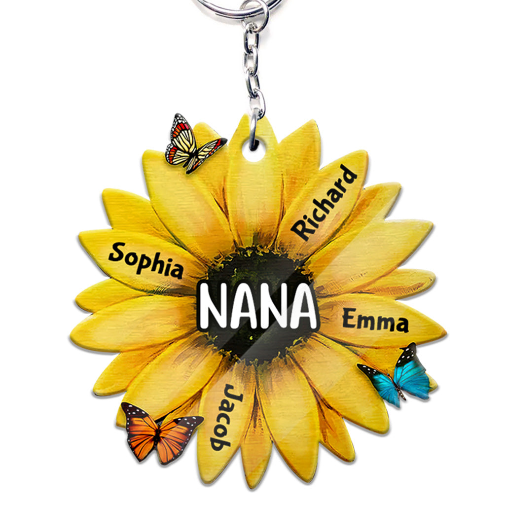 Grandma Sunflower - Personalized Mother's Day Grandma Keychain (Printed On Both Sides)
