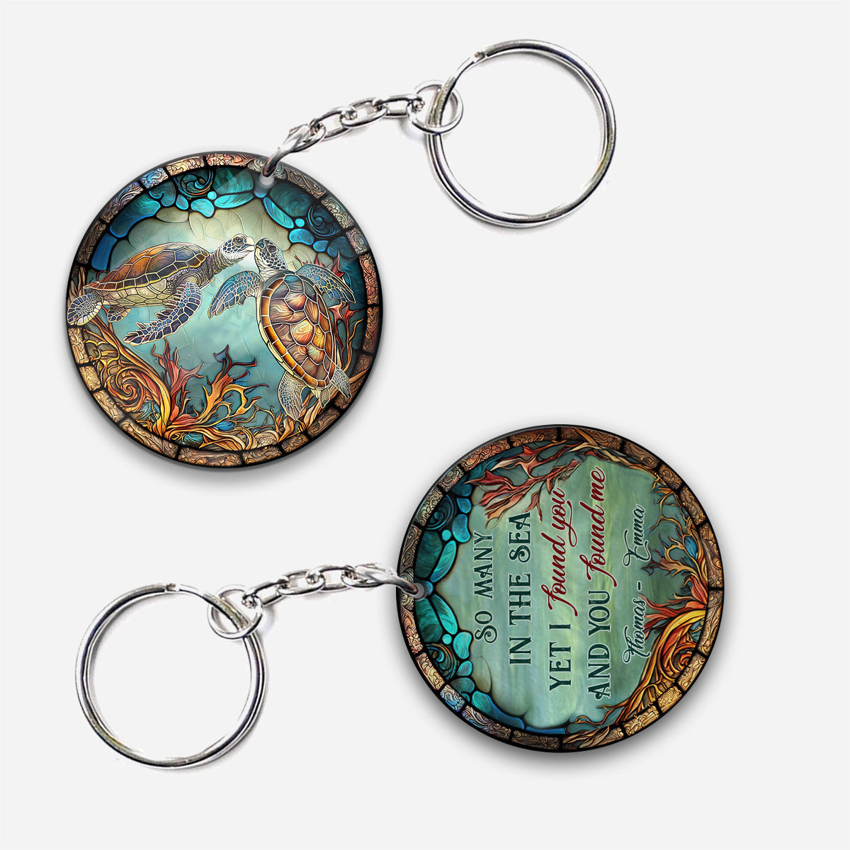 You And Me And The Sea - Personalized Turtle Keychain (Printed On Both Sides)