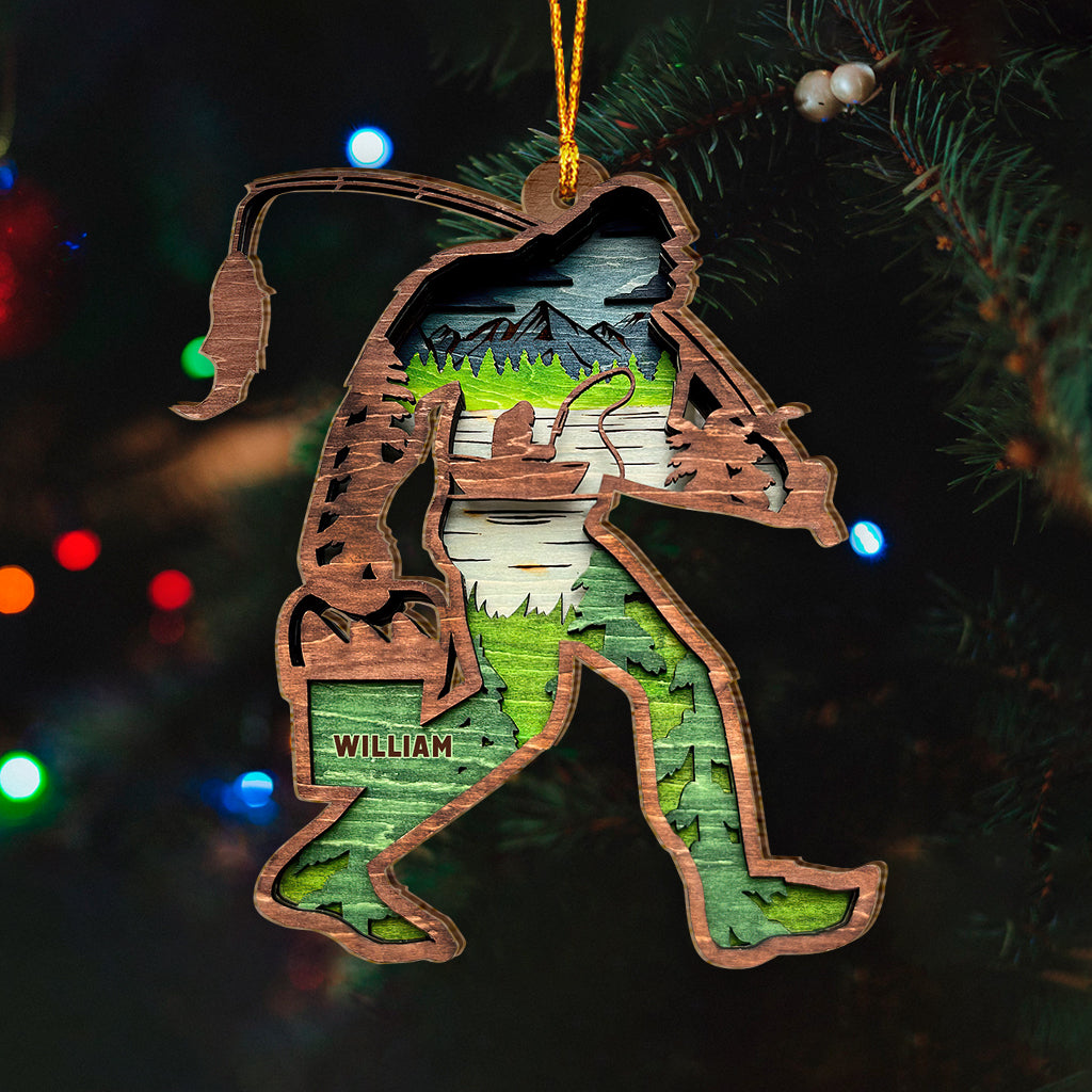 Bigfoot With Fishing Pole - Personalized Fishing Ornament