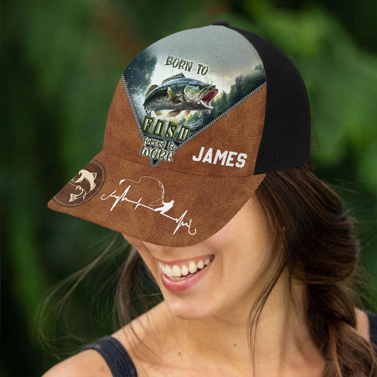 Born To Fish Forced To Work - Personalized Fishing Trucker Hat (Black Mesh)