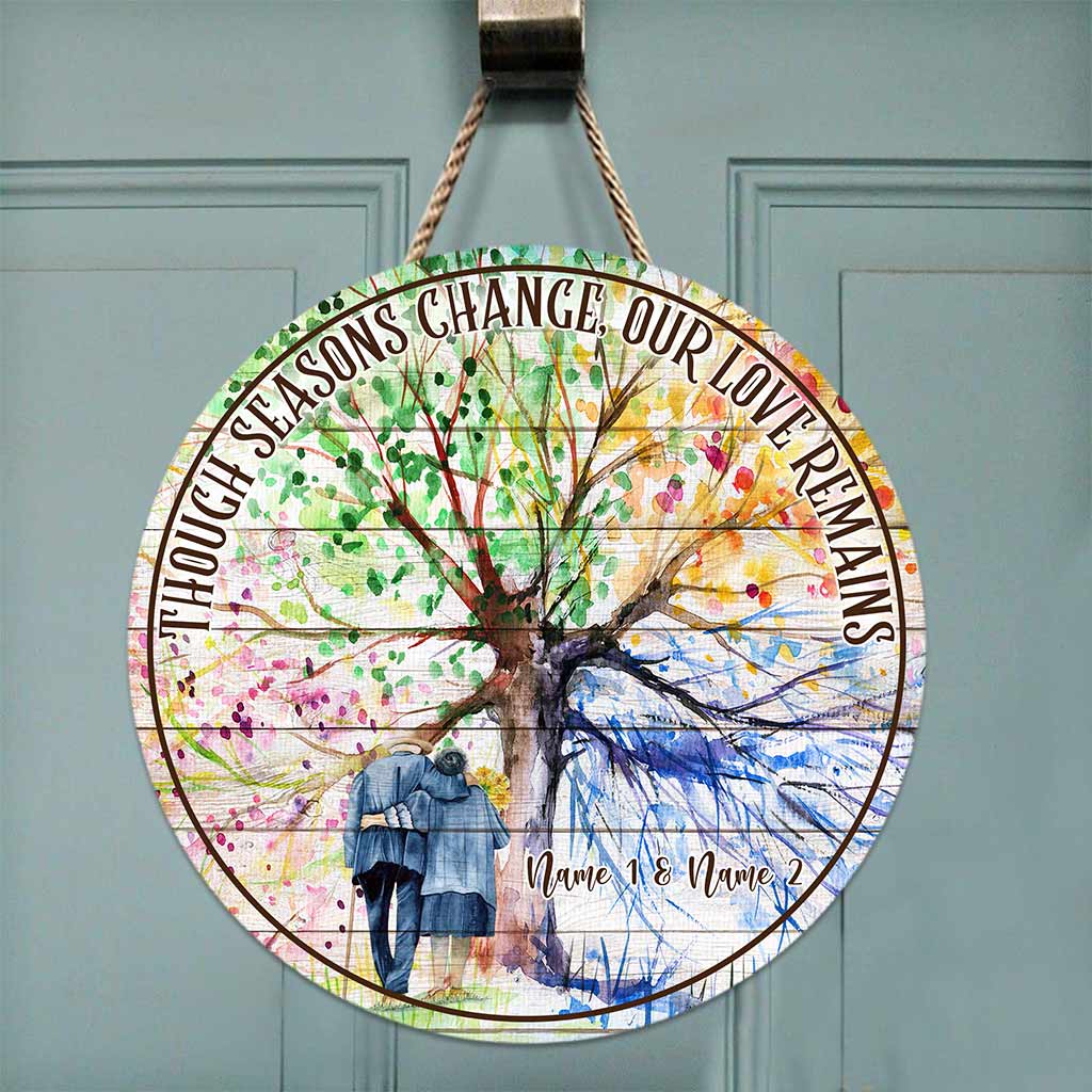 Though Seasons Change - Personalized Couple Round Wood Sign
