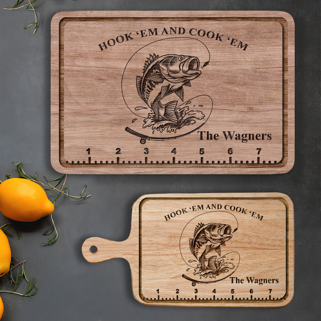 Hook 'Em And Cook 'Em - Fishing gift for dad, him, husband - Personalized Cutting Board