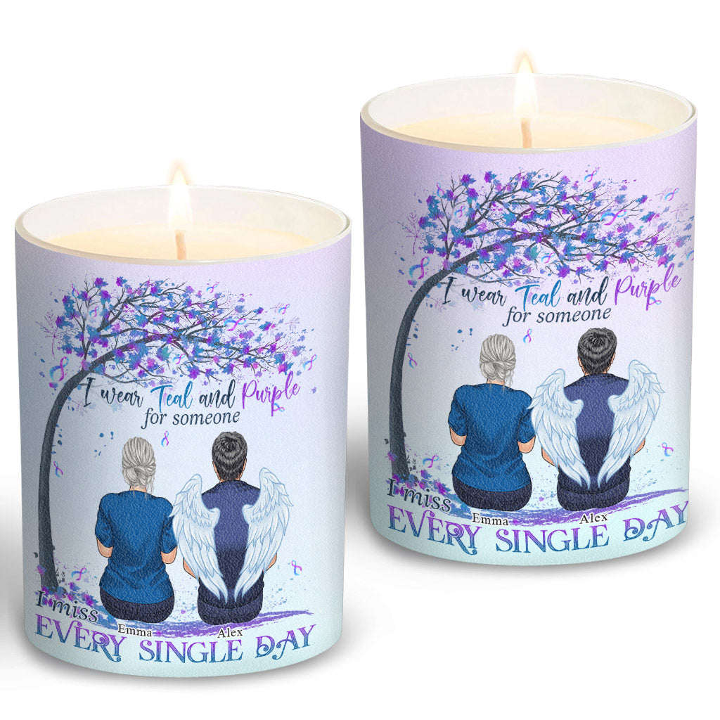 I Wear Teal And Purple - Personalized Suicide Prevention Candle With Wooden Lid