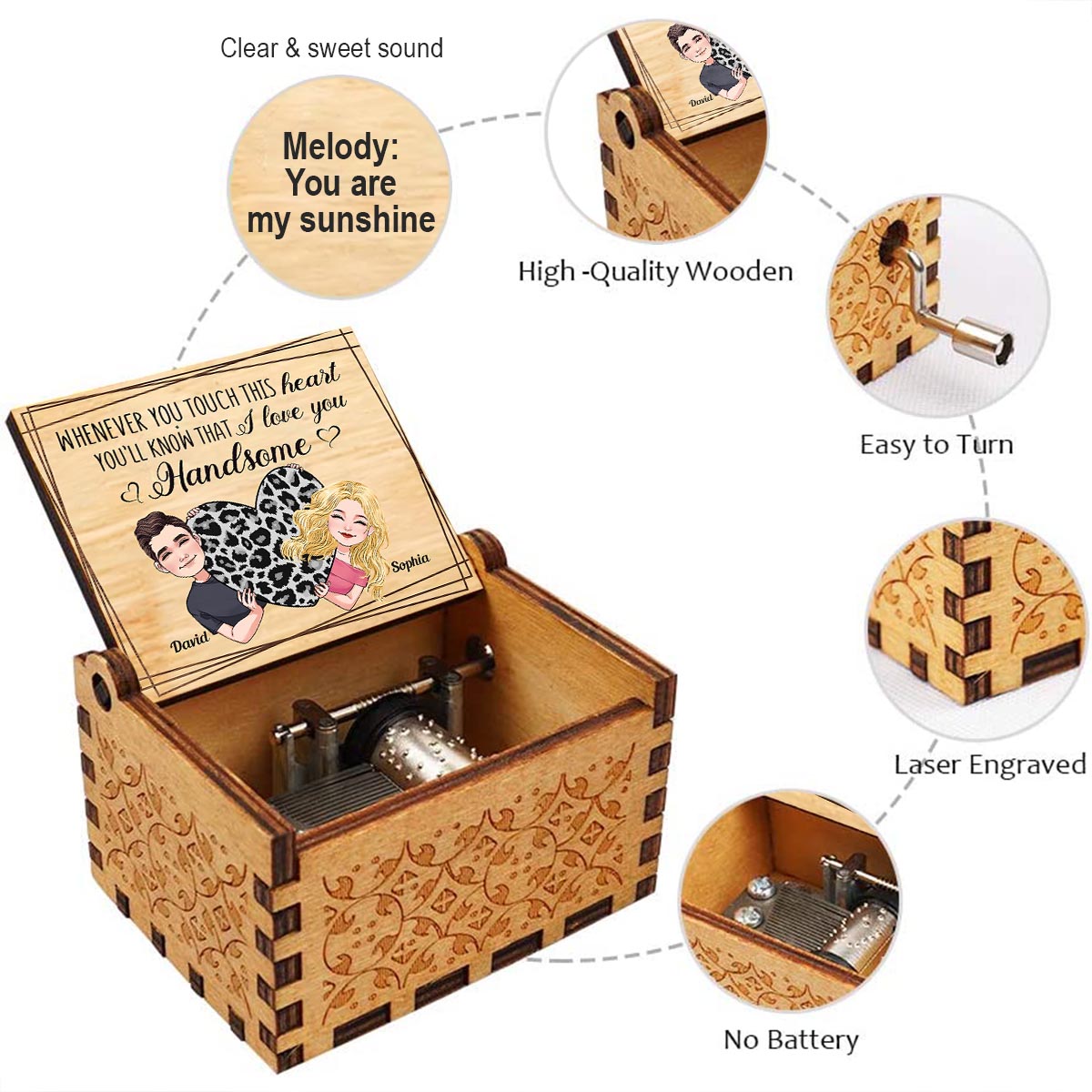 Whenever You Touch This Heart - Gift for mom, grandma, grandpa, daughter, son, granddaughter, grandson, wife, husband, dad, aunt, uncle, sister, brother - Personalized Hand Crank Music Box