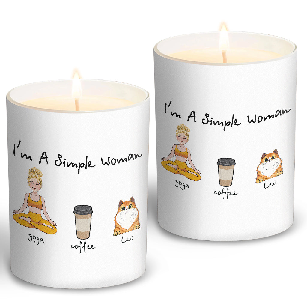 Ich bin eine einfache Frau – Yoga-Geschenk für Hunde- und Katzenliebhaber – Personalisierte Kerze mit Holzdeckel
