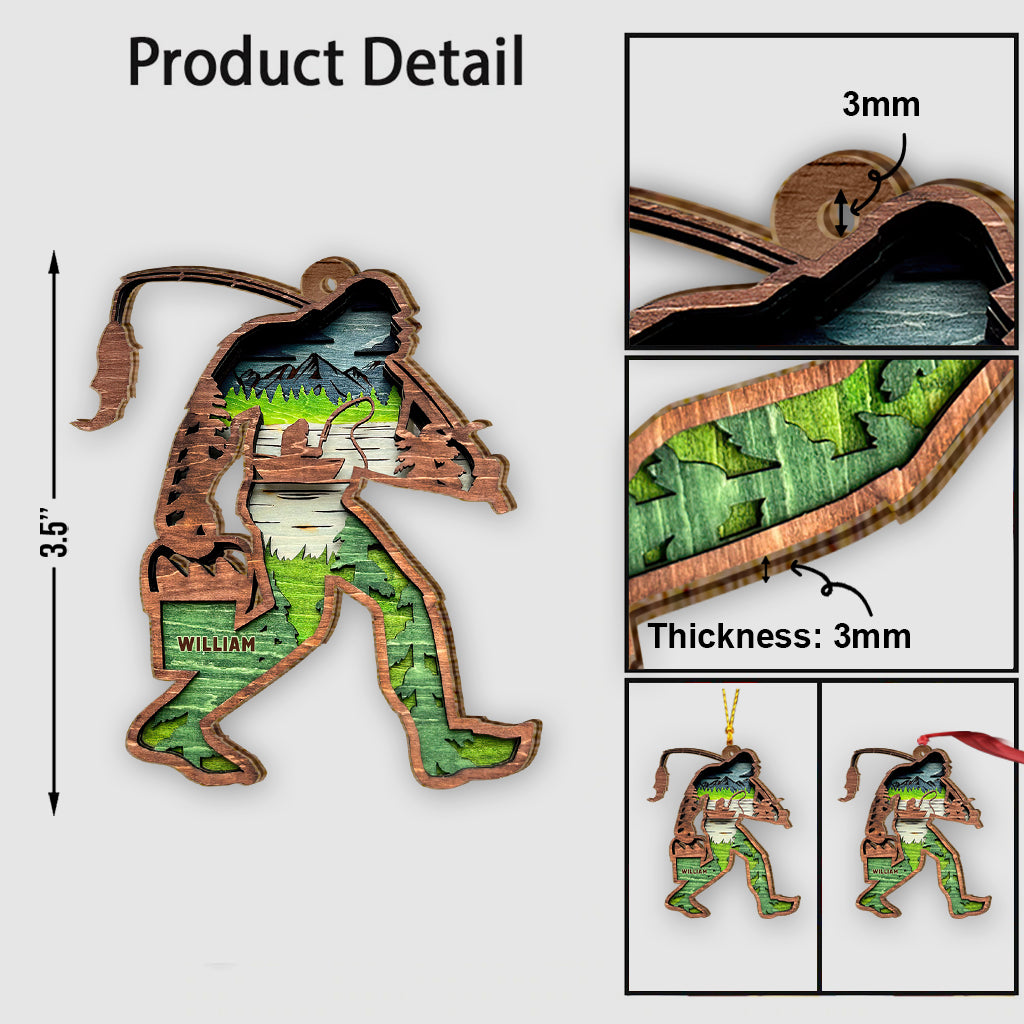 Bigfoot With Fishing Pole - Personalized Fishing Ornament