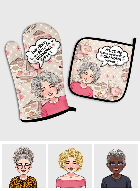 Alles schmeckt besser – Geschenk für Oma – Personalisiertes Topflappen-Set