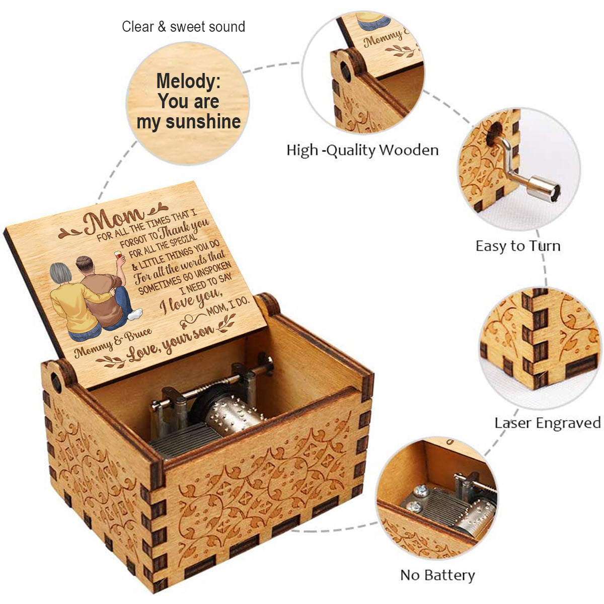To My Dear Mom - Gift for daughter, mom - Personalized Hand Crank Music Box