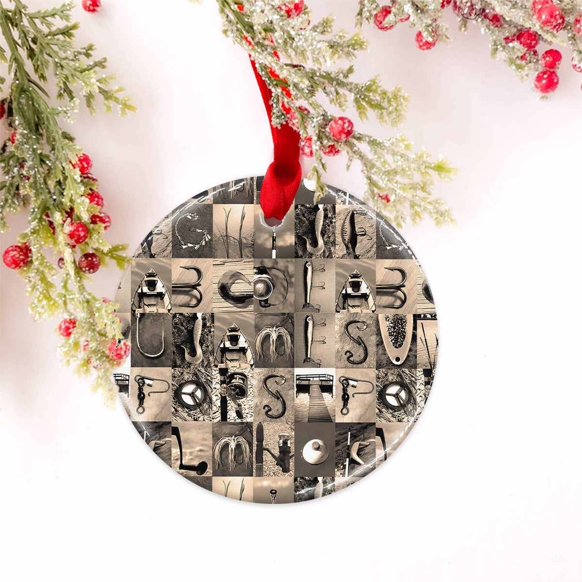 Vintage Fishing Alphabet - Personalized Fishing Ceramic Circle Ornament