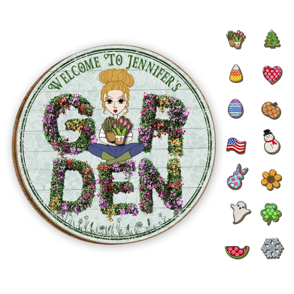 Willkommen in meinem Garten – Personalisiertes, austauschbares Gartenschild aus Holz für verschiedene Jahreszeiten