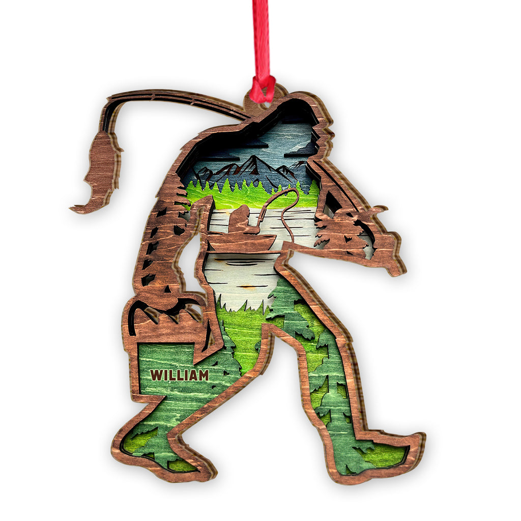 Bigfoot With Fishing Pole - Personalized Fishing Ornament