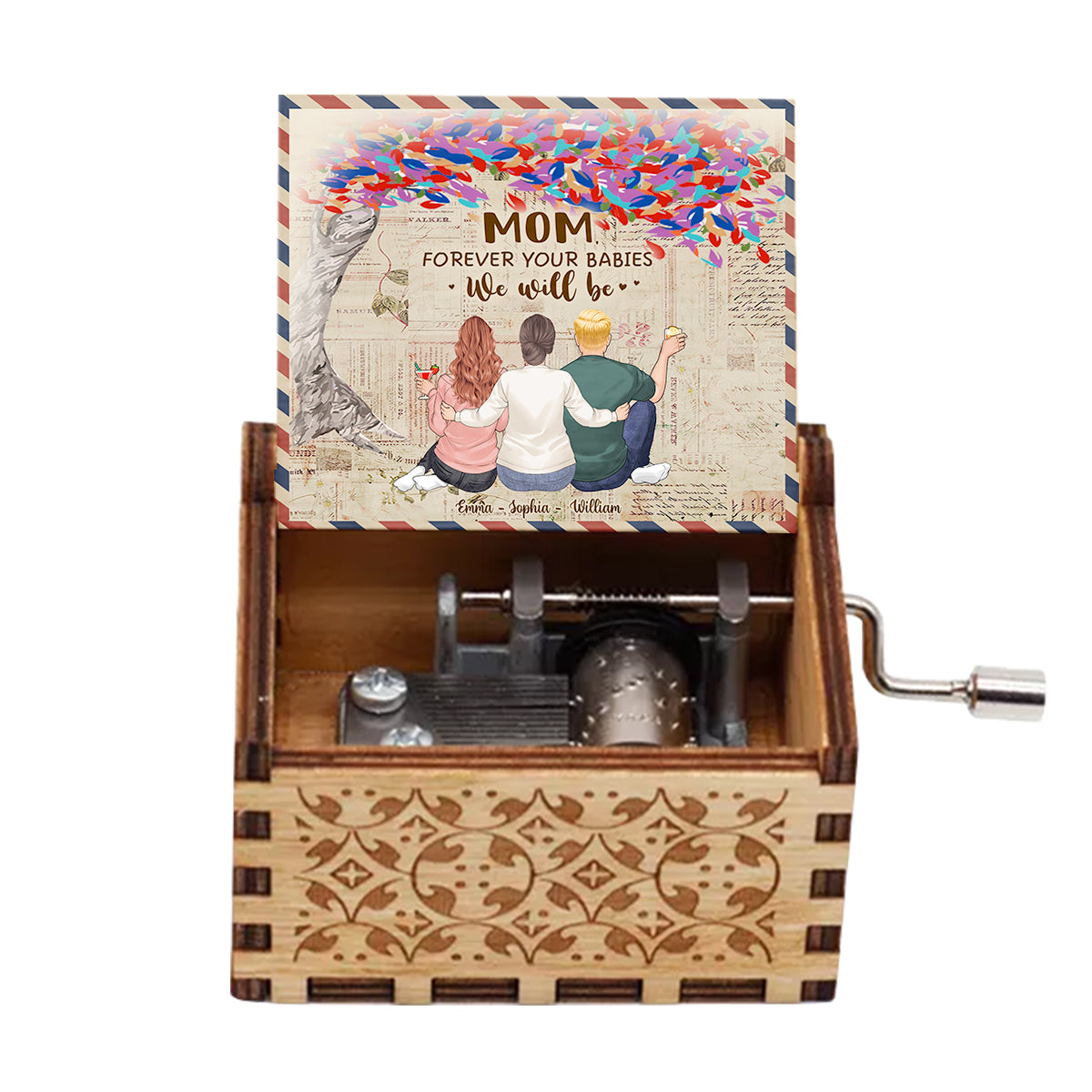 Mother And Children - Gift for mom, son, daughter - Personalized Hand Crank Music Box