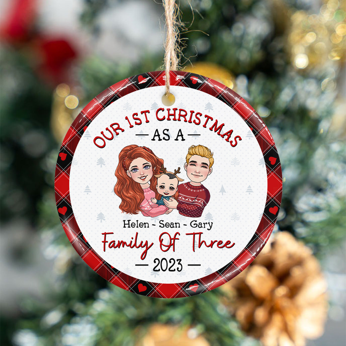 1St Christmas As Family Of Three - Gift for Newborn - Personalized Ceramic Circle Ornament