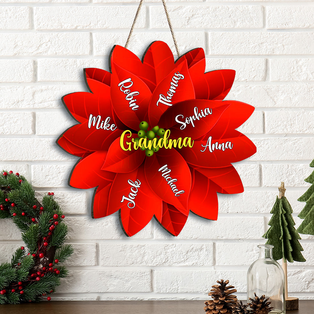 Grandma / Mama / Family Christmas Poinsettia - Gift for grandma - Personalized Custom Shaped Wood Sign