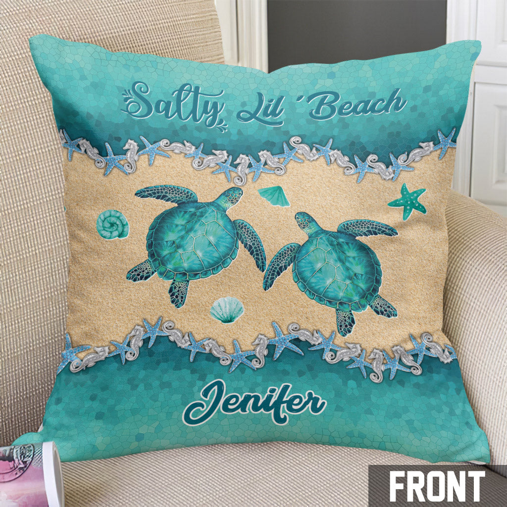 Salty Lil' Beach - Personalized Turtle Throw Pillow