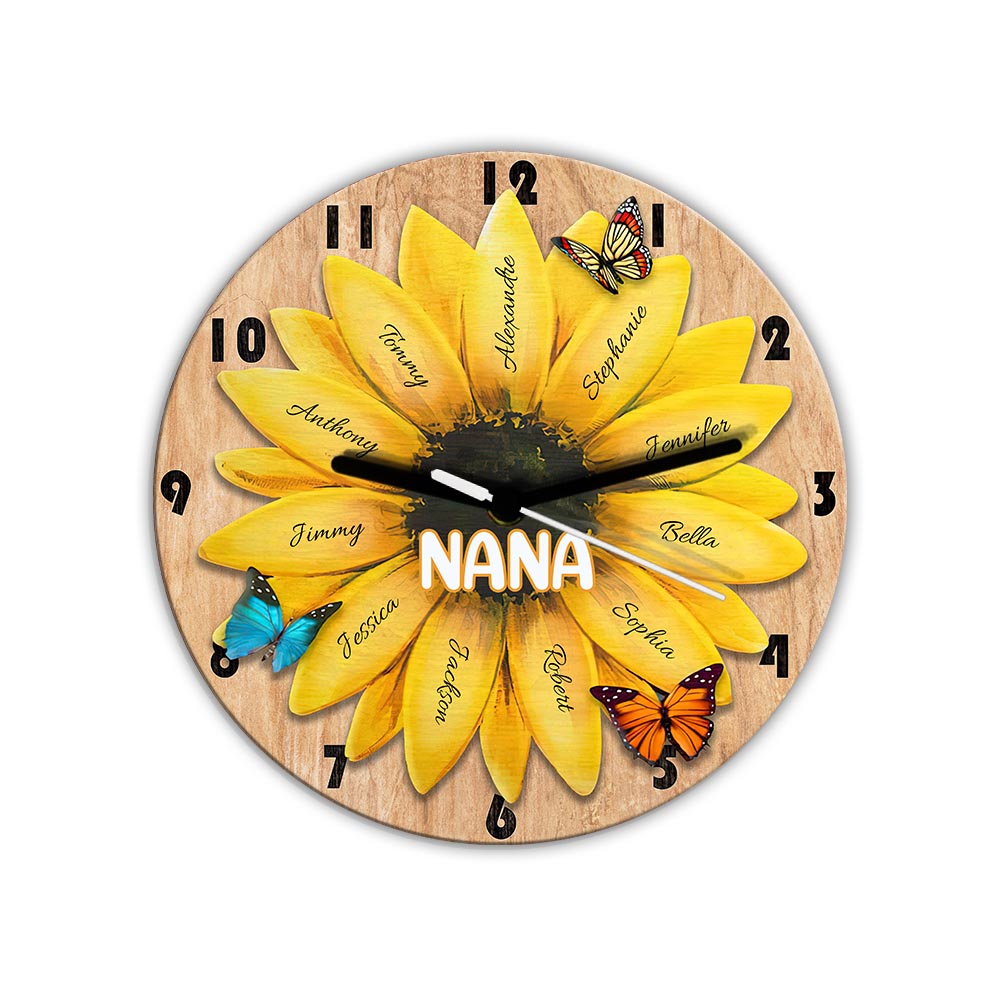 Horloge murale personnalisée « Grand-mère et petits-enfants tournesol »