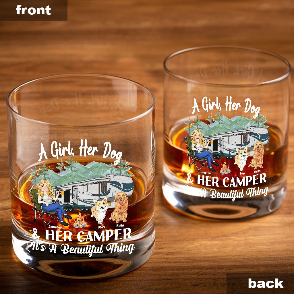 A Girl Her Dog And Her Camper - Camping gift for dog lover - Personalized Rock Glass