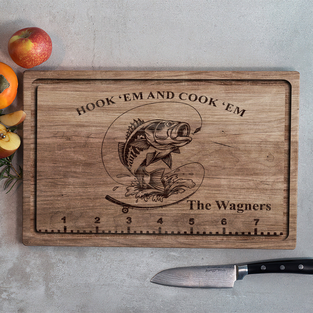 Hook 'Em And Cook 'Em - Fishing gift for dad, him, husband - Personalized Cutting Board