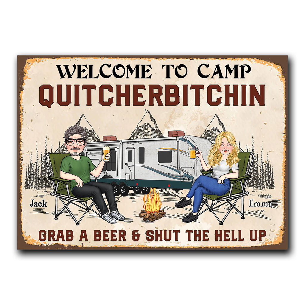 Bienvenue au Camp Quitcherbitchin - Panneau métallique rectangulaire personnalisé pour le camping