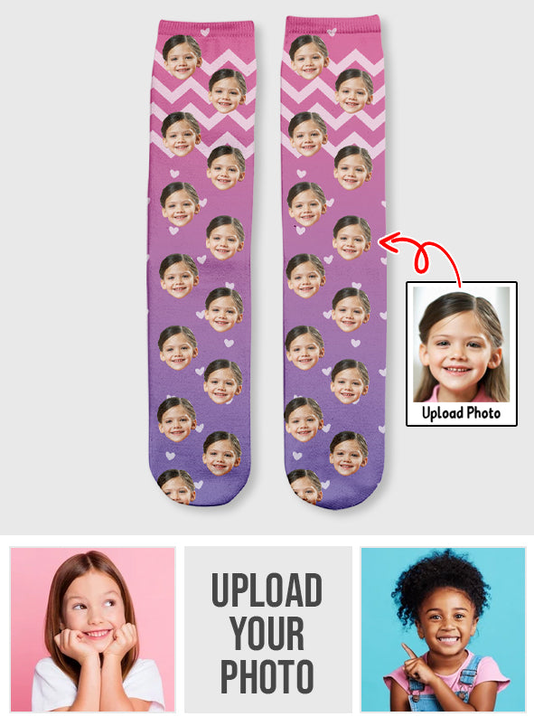 Chaussettes personnalisées pour petite-fille, motif violet et visage personnalisé