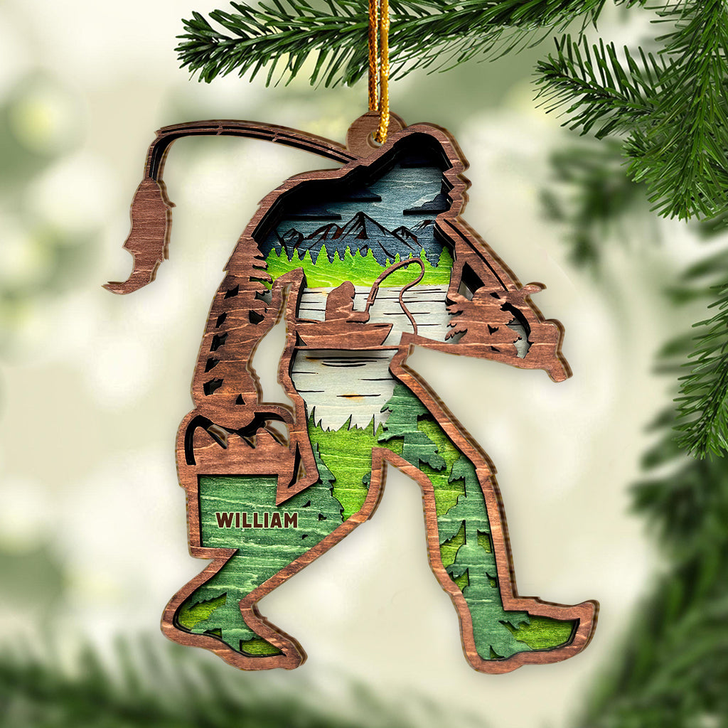 Bigfoot With Fishing Pole - Personalized Fishing Ornament