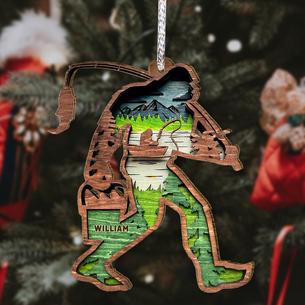 Bigfoot With Fishing Pole - Personalized Fishing Ornament
