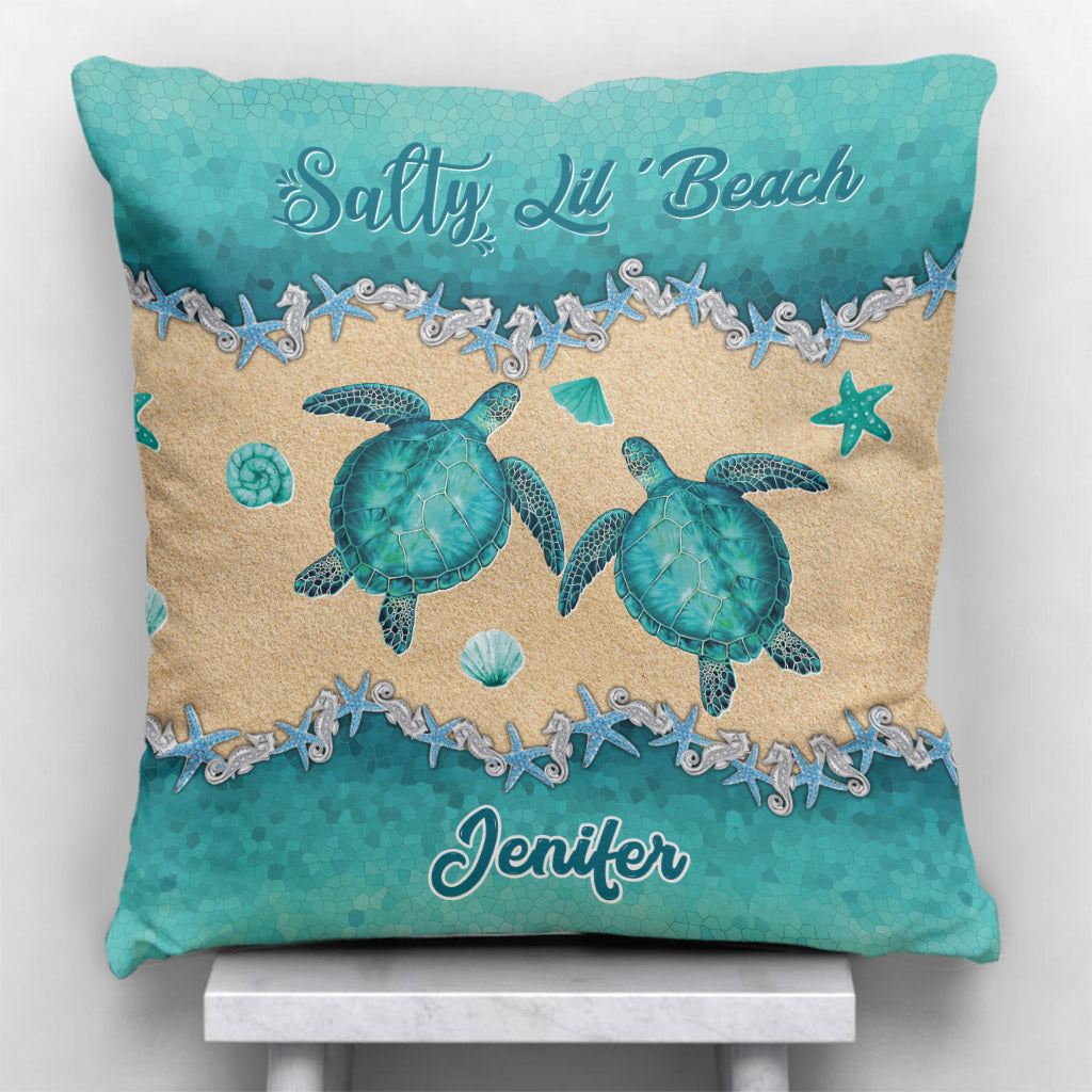 Salty Lil' Beach - Personalized Turtle Throw Pillow