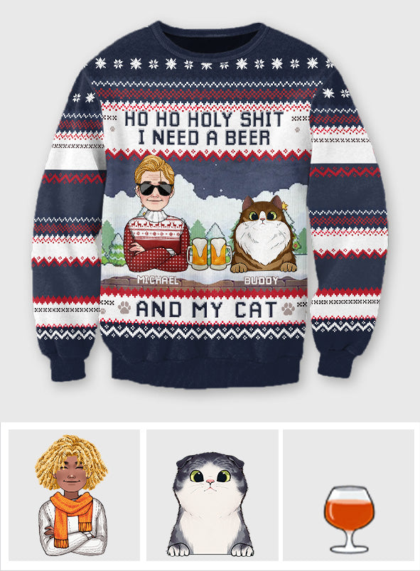 Ich brauche Bier und meine Katze – personalisierter Katzen-Pullover