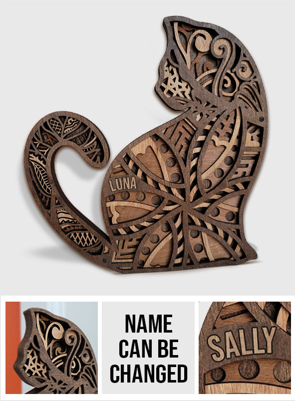 Sculpture de chat en bois personnalisée et artisanale - Chat personnalisé en bois à 4 couches