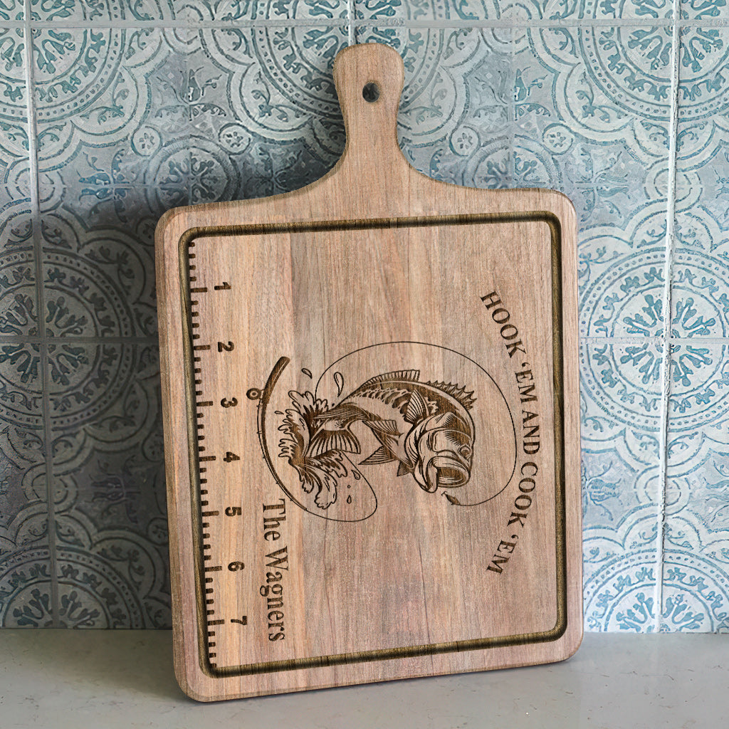 Hook 'Em And Cook 'Em - Fishing gift for dad, him, husband - Personalized Cutting Board