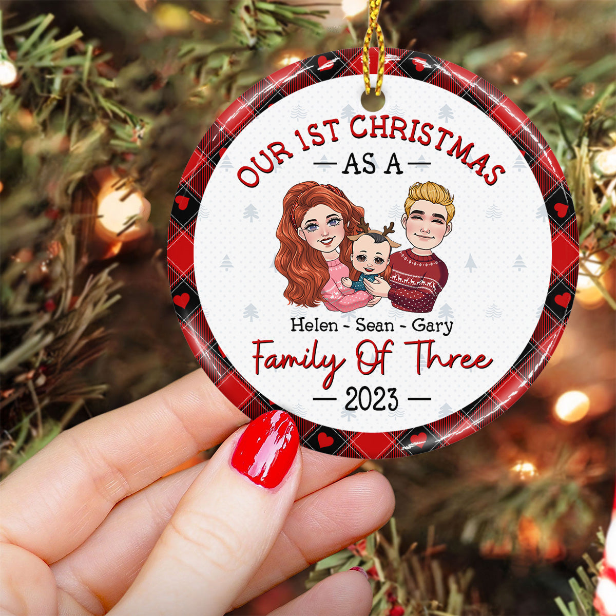1St Christmas As Family Of Three - Gift for Newborn - Personalized Ceramic Circle Ornament