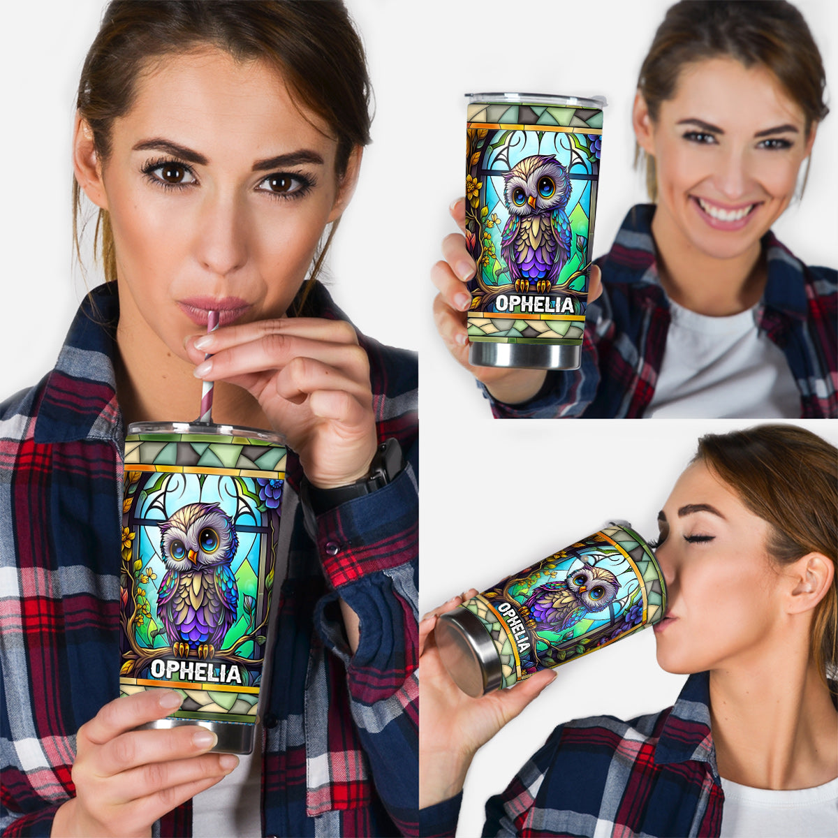 Cute Owl Stained Glass - Personalized Owl Tumbler