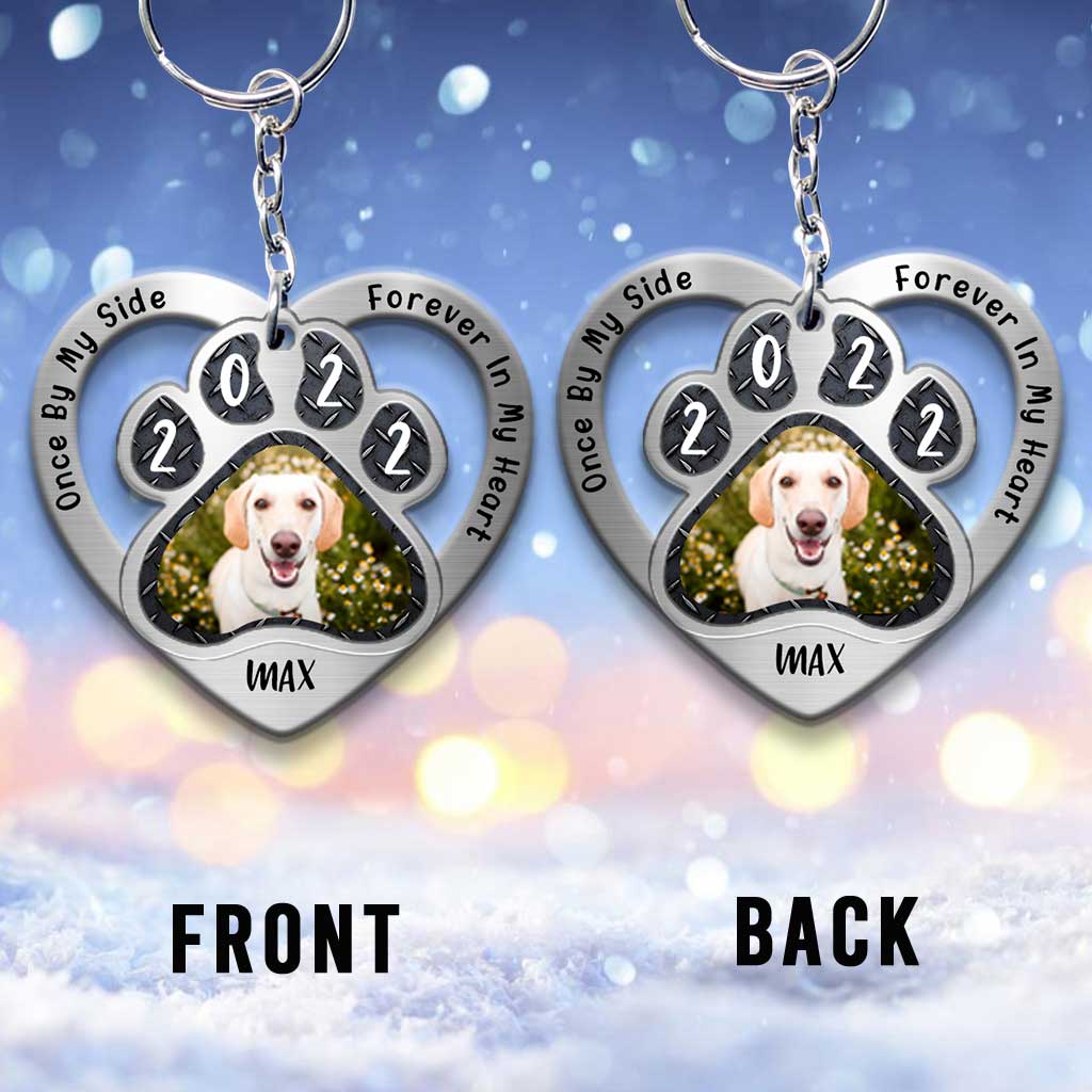 Once By My Side Forever In My Heart - Personalized Dog Keychain With Metal Pattern Print (Printed On Both Sides)