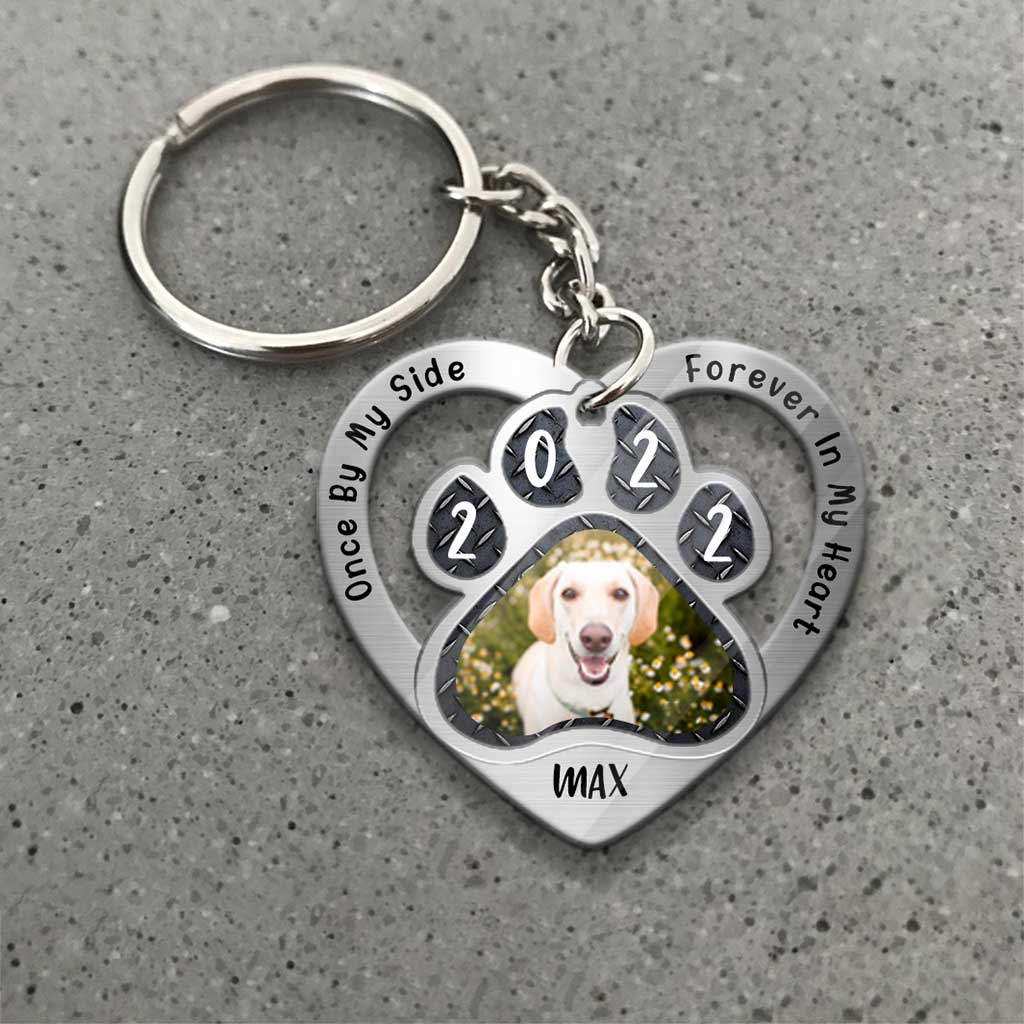 Once By My Side Forever In My Heart - Personalized Dog Keychain With Metal Pattern Print (Printed On Both Sides)