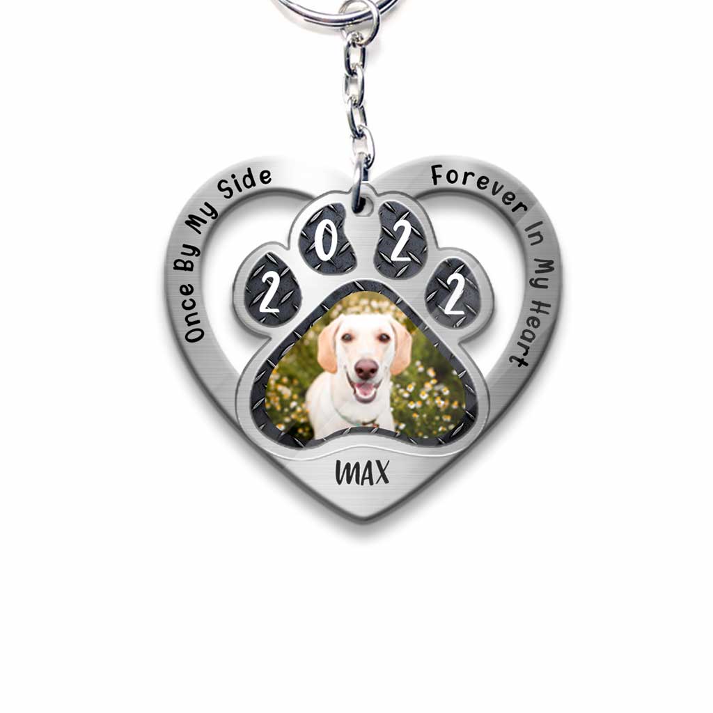 Once By My Side Forever In My Heart - Personalized Dog Keychain With Metal Pattern Print (Printed On Both Sides)