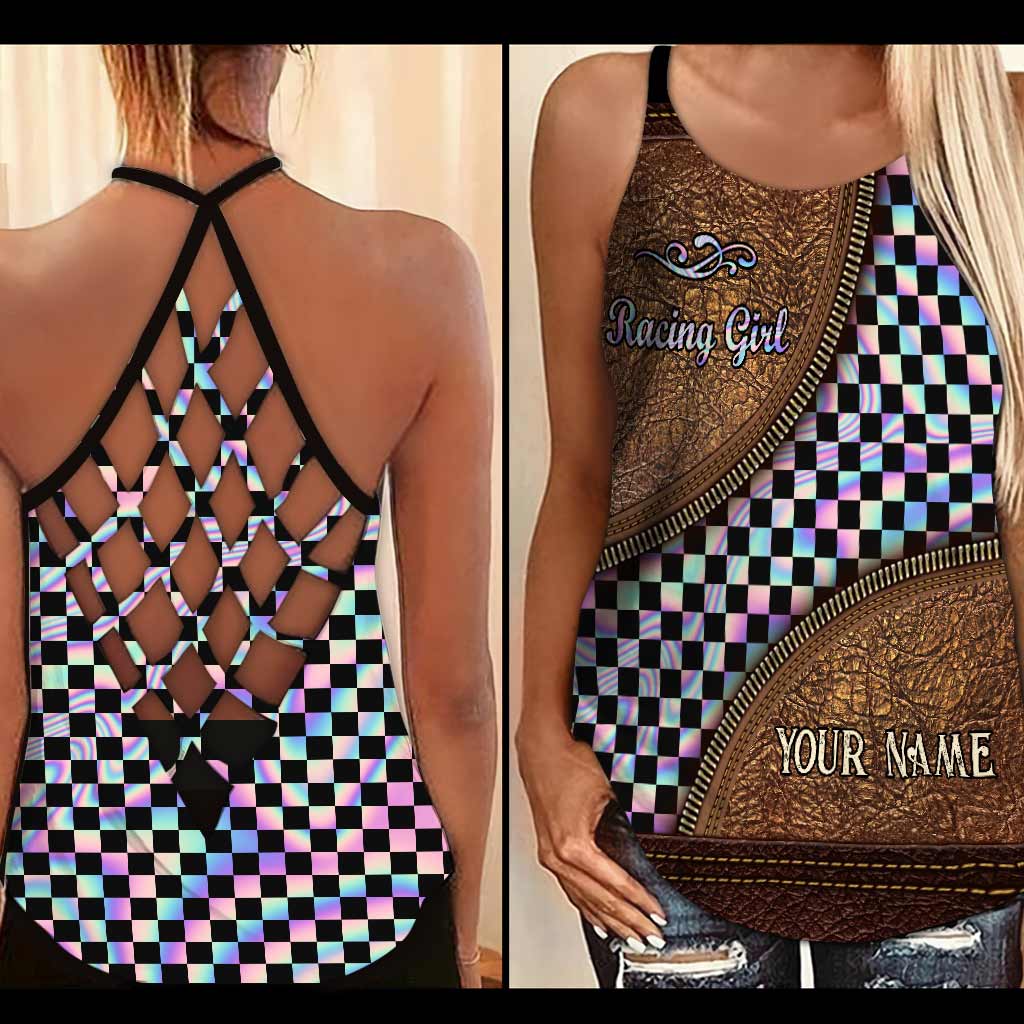 Racing Girl personalisiertes Tanktop aus Leder mit gemustertem Kreuzprint