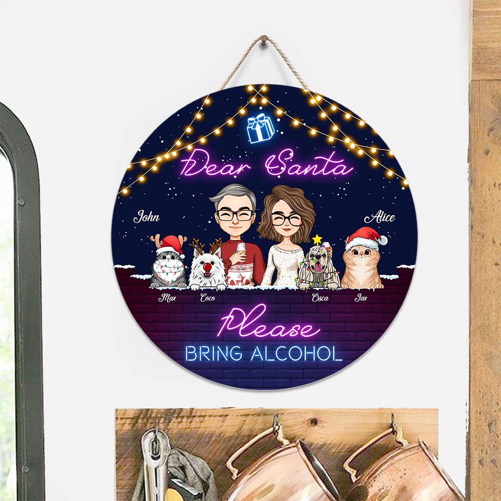 Dear Santa Please Bring Alcohol - Personalized Couple Round Wood Sign