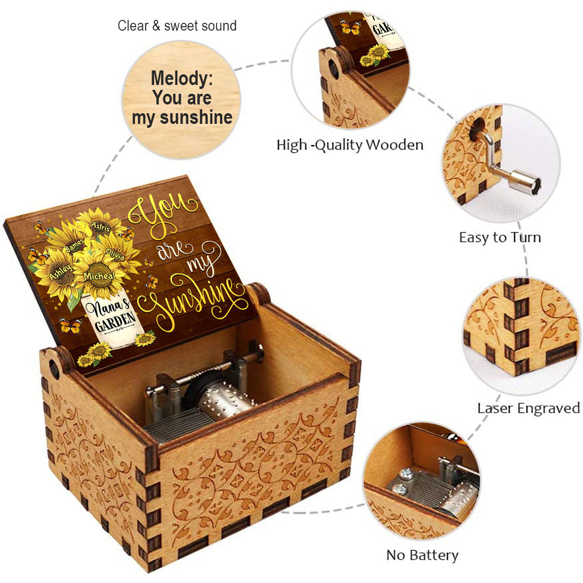 You Are My Sunshine - Gift for grandma, dad, mom, grandpa - Personalized Hand Crank Music Box