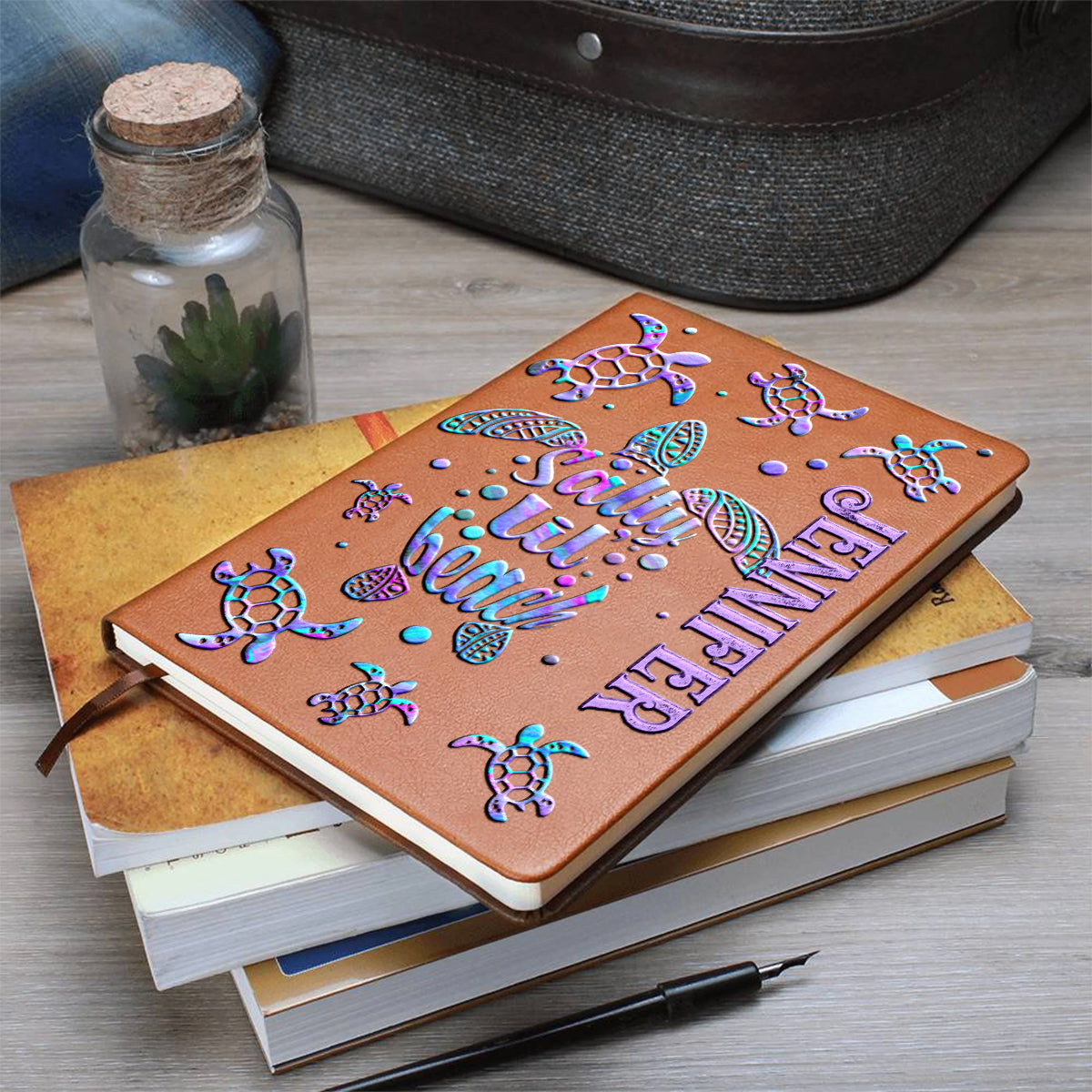 Salty Lil Beach - Personalized Turtle Leather Journal