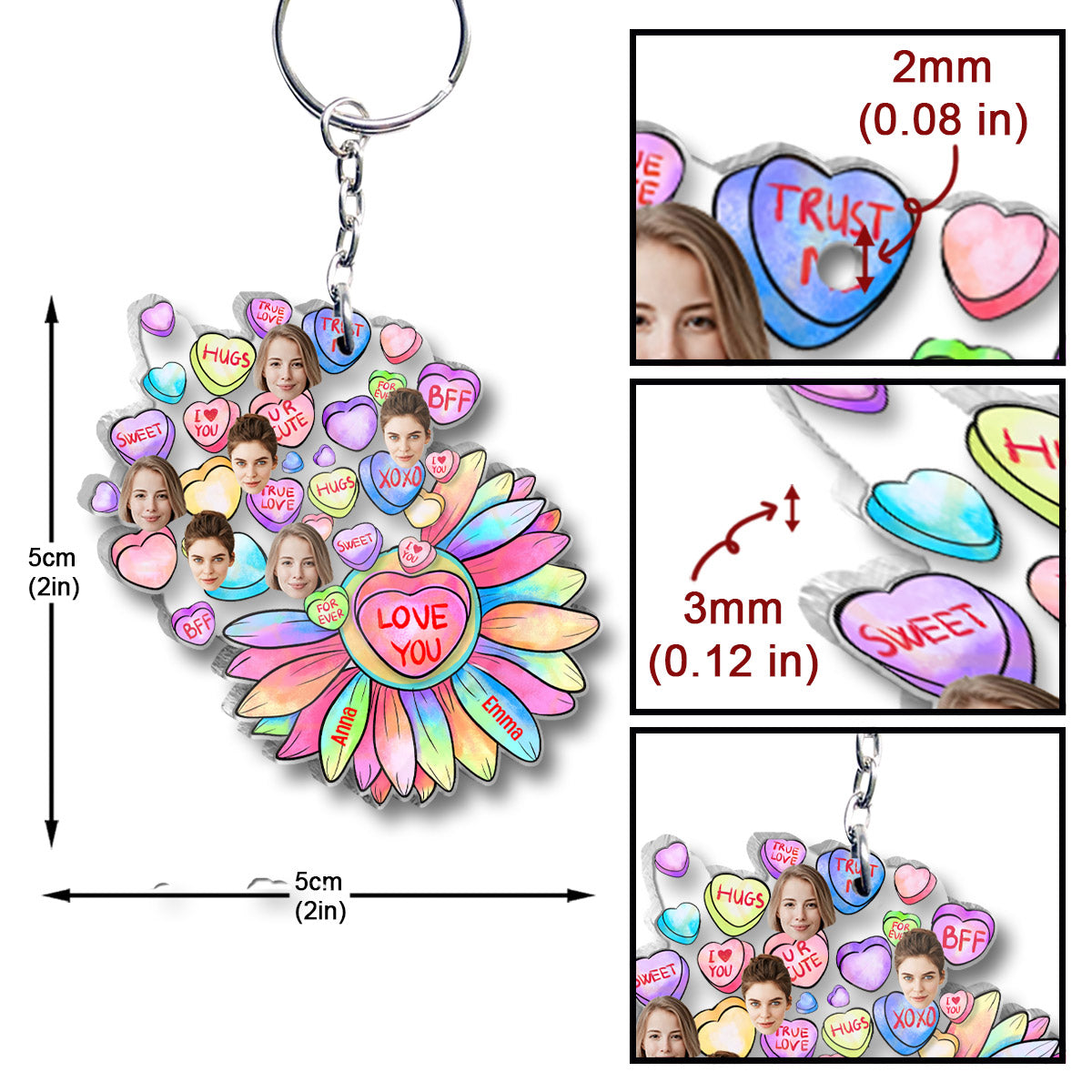 Heart Candy Flower BFF With Face Custom - Personalized Bestie Transparent Keychain