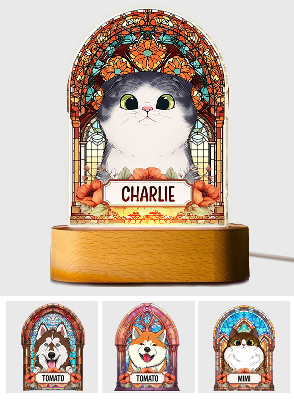 Plaque lumineuse personnalisée en forme de chien avec vitrail - Socle lumineux en forme de chien