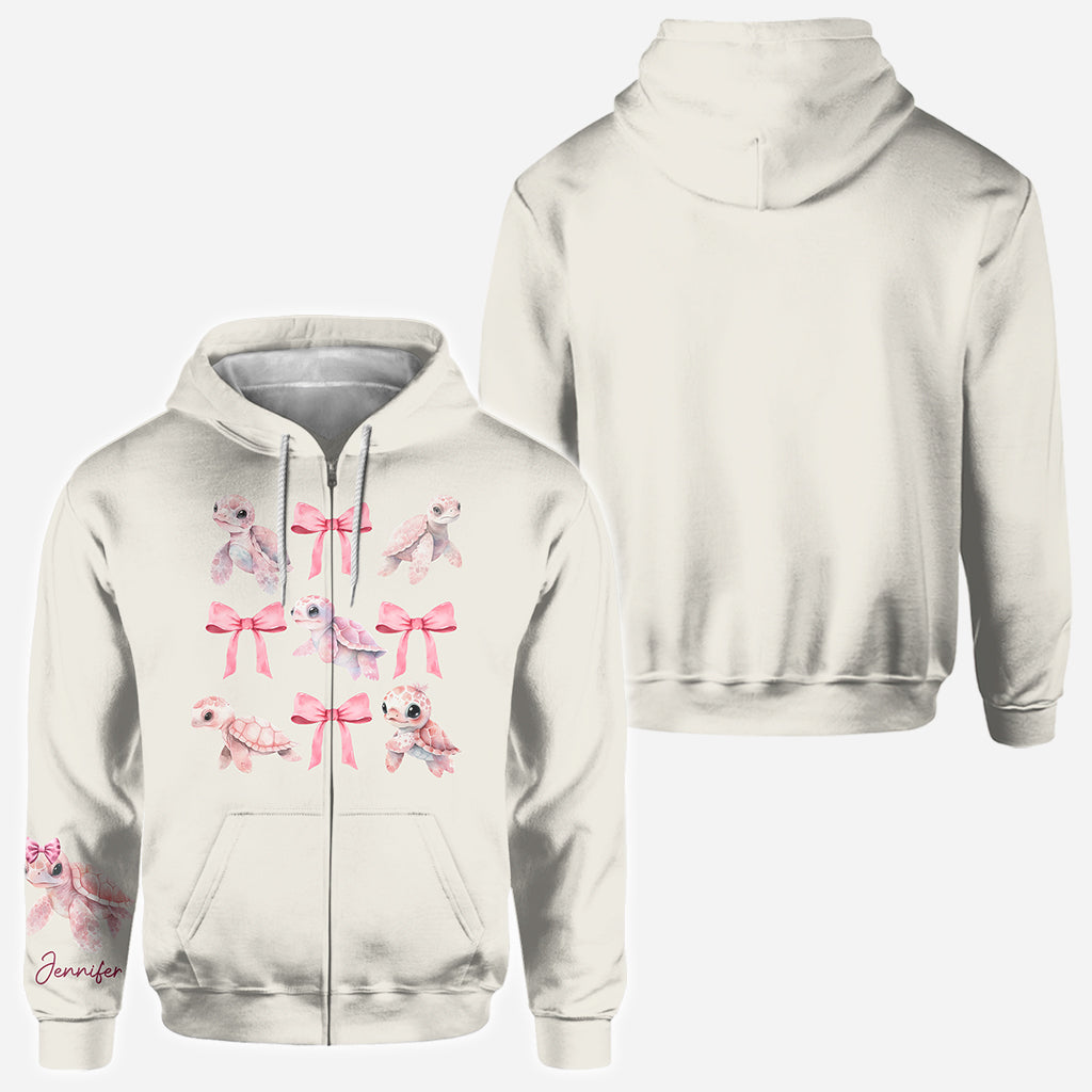 Pink Ribbon Coquette Bow Watercolor Turtle - Personalized Turtle All Over Shirt
