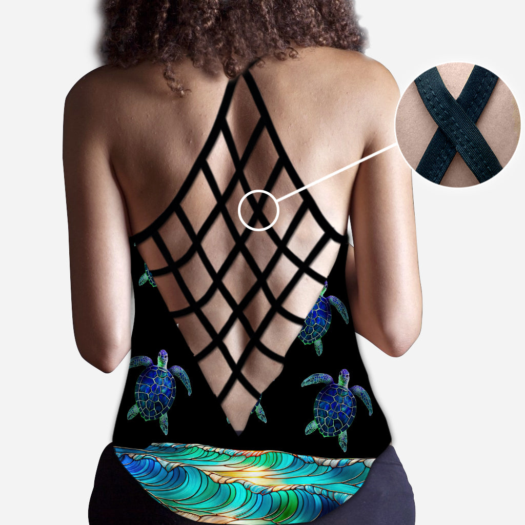Salty Lil Beach Colorful Stained Glass Pattern - Personalized Turtle Cross Tank Top