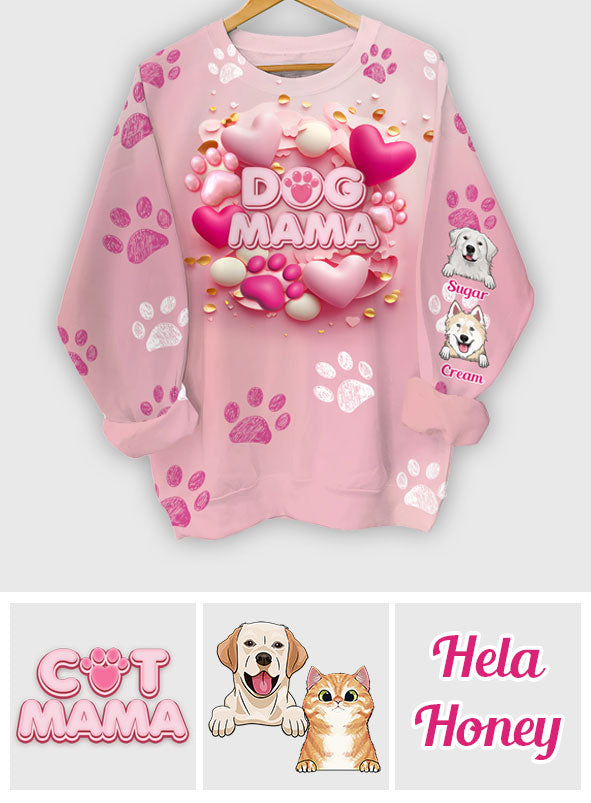 Hund, Katze, Mama, Fellmama, 3D-Herz in Rosa – personalisiertes T-Shirt mit Hundemotiv