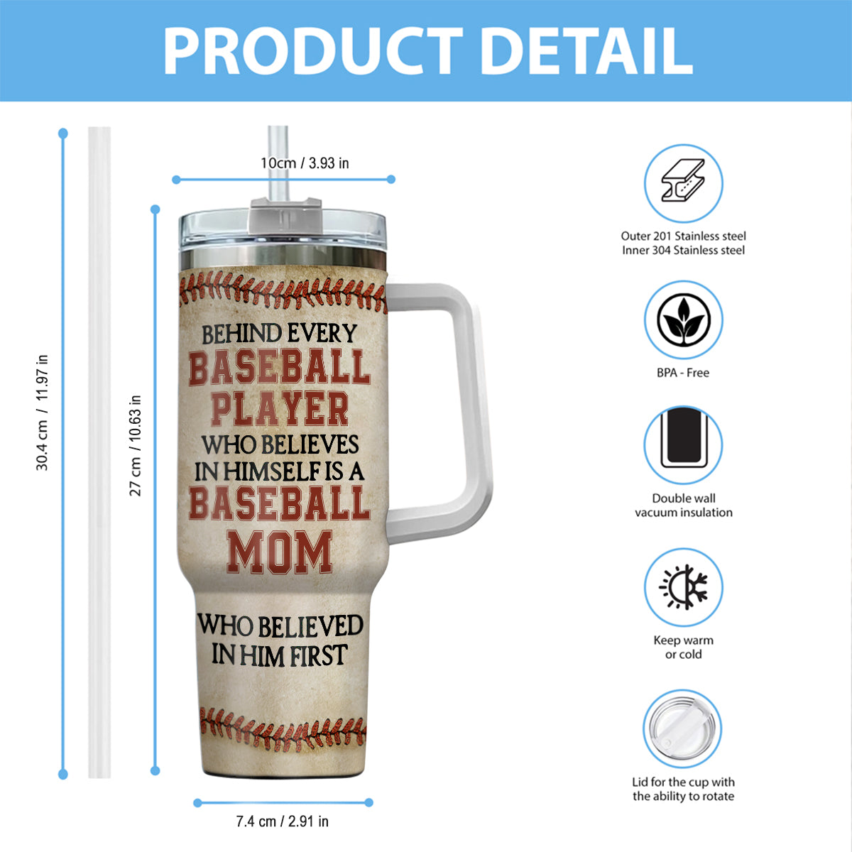 Behind Every Baseball Players Is A Mom - Personalized Baseball Tumbler With Handle