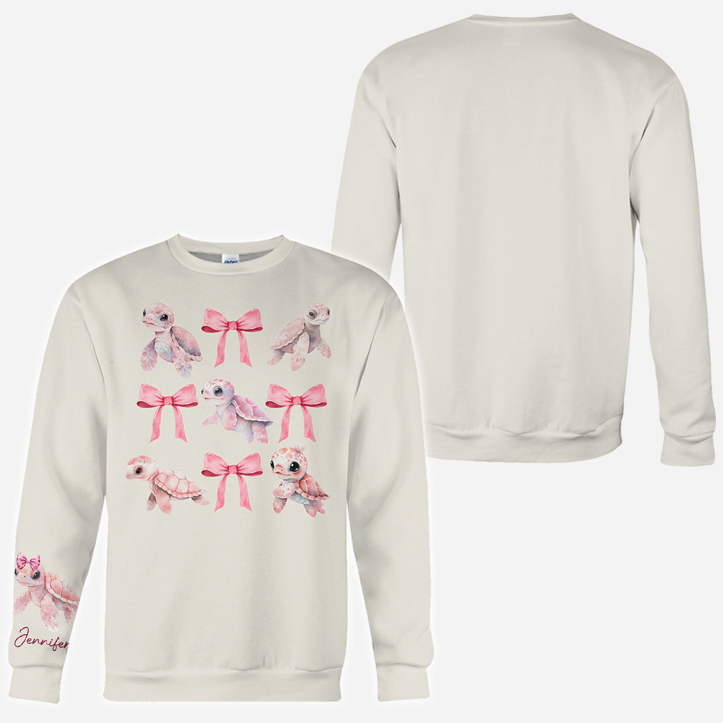 Pink Ribbon Coquette Bow Watercolor Turtle - Personalized Turtle All Over Shirt
