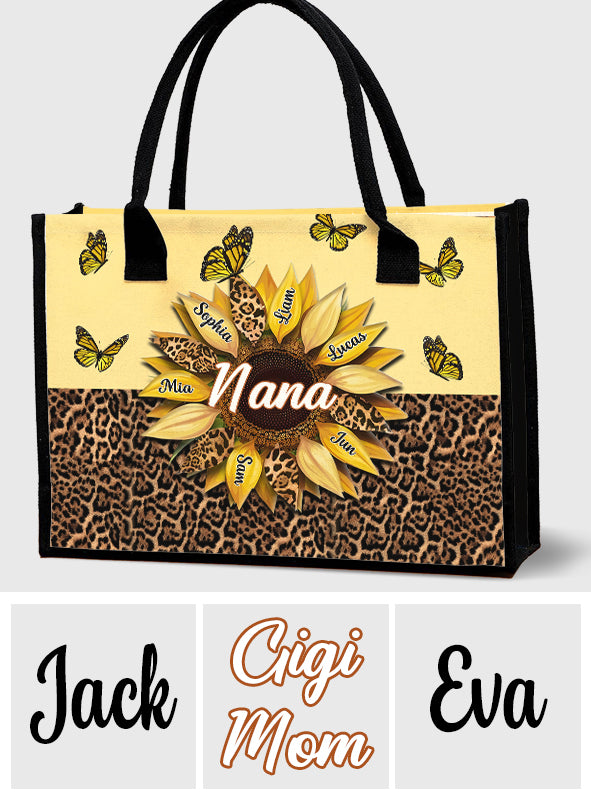 Nana Mom Auntie Family Sunflower Butterflies - Personalized Grandma Canvas Tote Bag